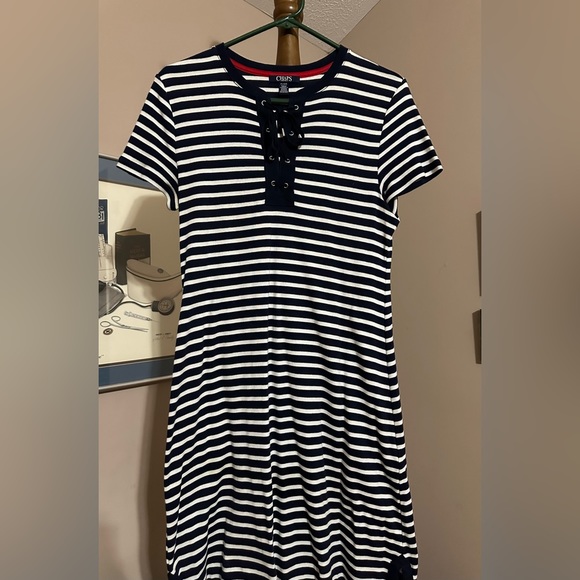 Chaps Dresses & Skirts - Chaps navy & white striped dress, Size L petite